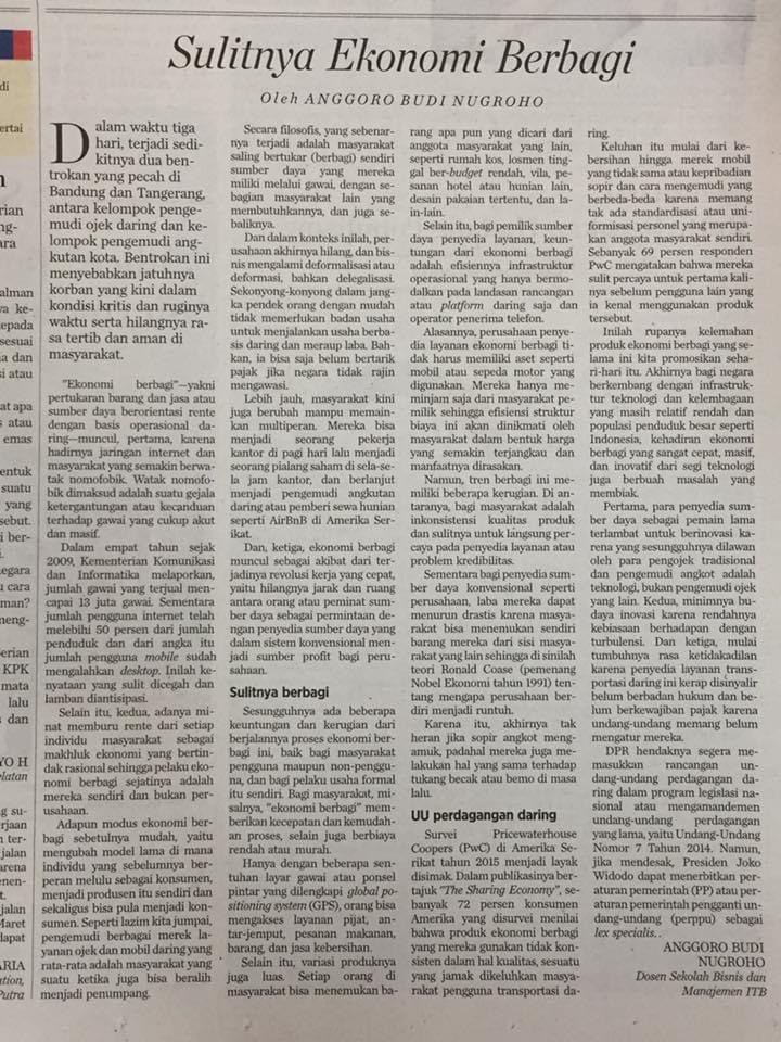SULITNYA EKONOMI BERBAGI – Kompas, Rabu 15 Maret 2017